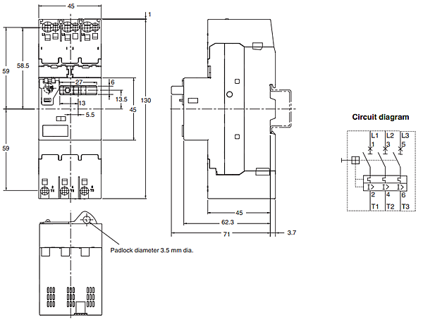 Plan mécanique - Omron Industrial Automation Démarreurs de moteur manuels J7MC